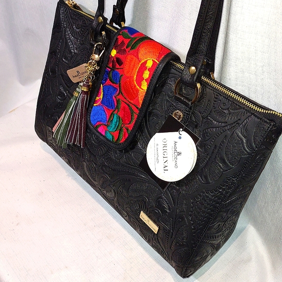 AngeLozano Flora Engraved Leather Tote with Floral Loom - Picture 5 of 16